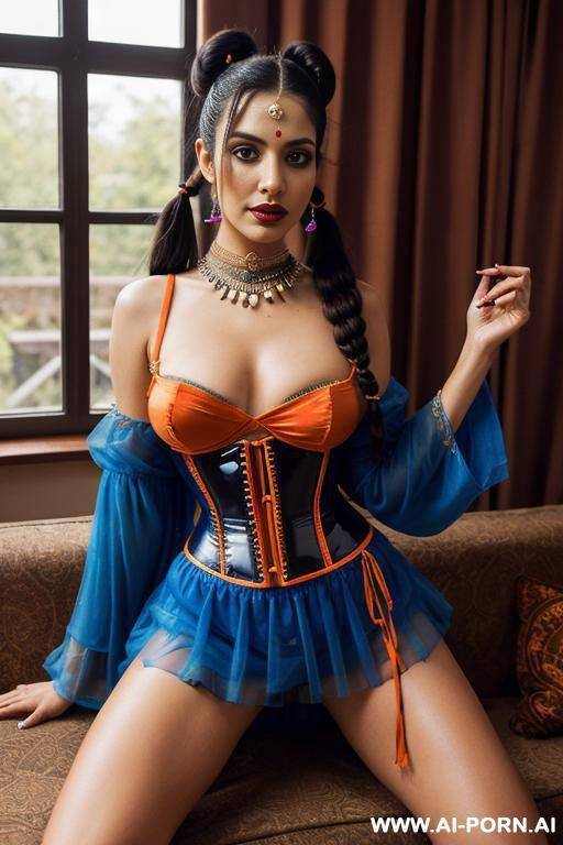 punjab woman, happy, beautiful natural boobs, natural pretty body, orange and dark blue royal indian robes, royal indian lingerie, in a harem, on a couch - #main