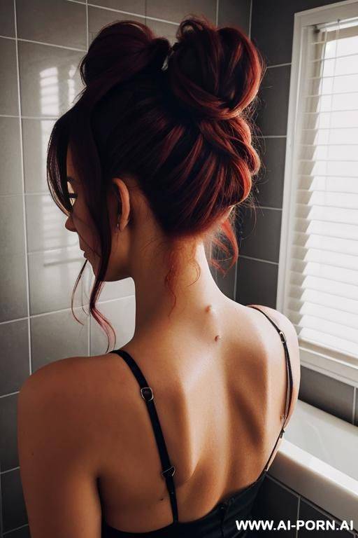 messy hair bun, dark red hair, bathroom - #main