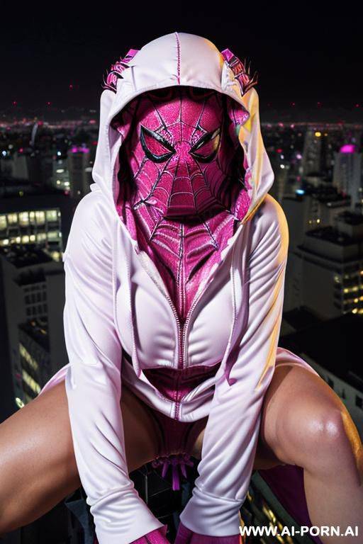 ((woman wearing (unzipped showing breasts white and magenta ghost-spider hero outfit (hood up) (spider hero mask on)) (topless) (short blonde hair)) (crouching on city rooftop at night) - #main
