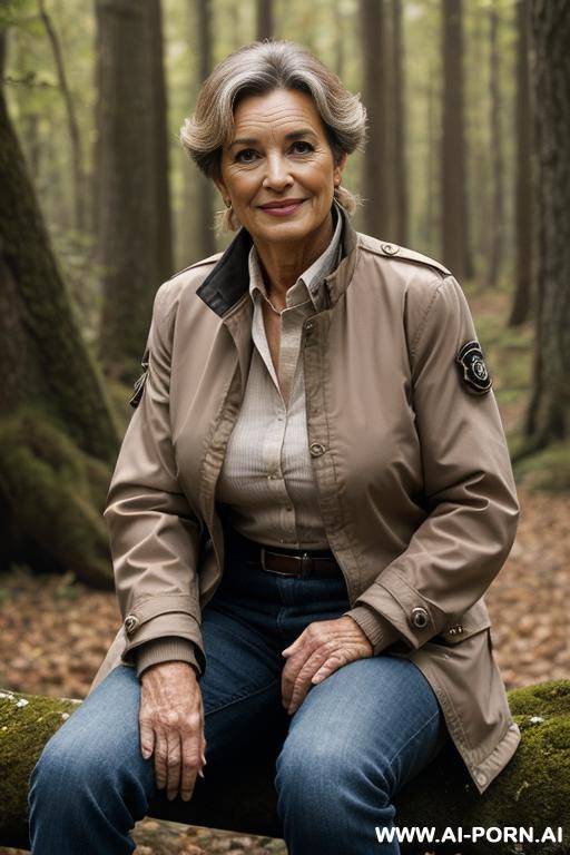french female ranger in nature outdoorjacket, standing confident, vagina nude - #main