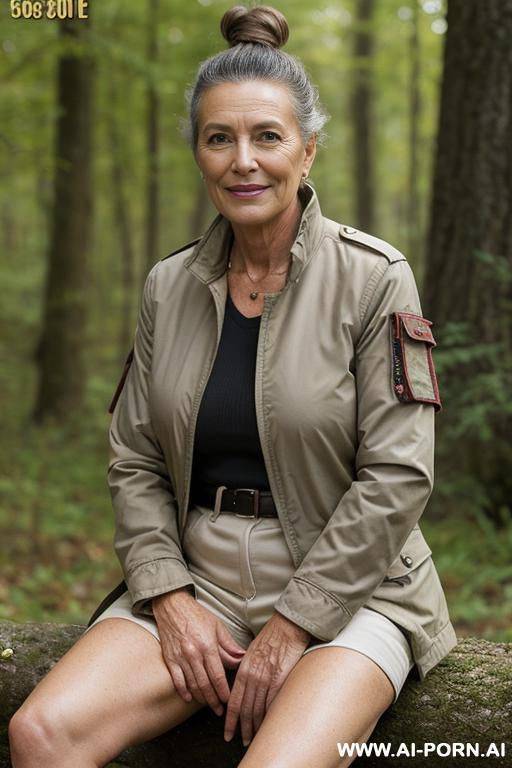 french female ranger in nature outdoorjacket, standing confident, hairy vagina, spread legs - #main