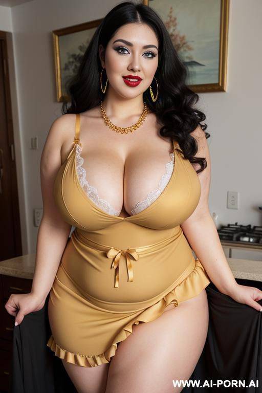bimbo, long ((fluffy curly)) hair, eating snack, wide body, , sexy woman, big belly, giant boobs, (gigantic massive boobs), thick dark red lips, open mouth ahegao, ((colorful eye makeup)), hoop - #main