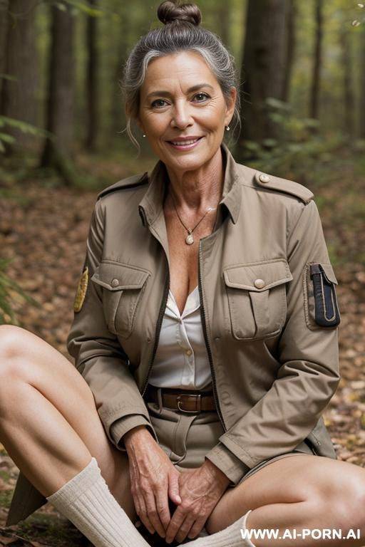 french female ranger in nature outdoorjacket, nude, stockings, hairy pussy, spread legs - #main