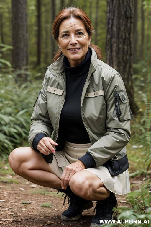 french female ranger squatting in nature outdoorjacket, skirt - #main