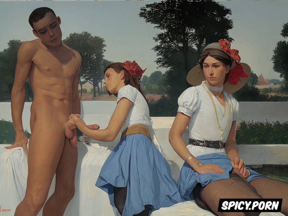 large penis, jules bastien lepage painting, natural embossed colors embossed facial image a too young naive tiny skinny nephew kneeling look to large piece of twat visible under raised skirt of skinny aunt no panties who prepares to rub her twat - #main