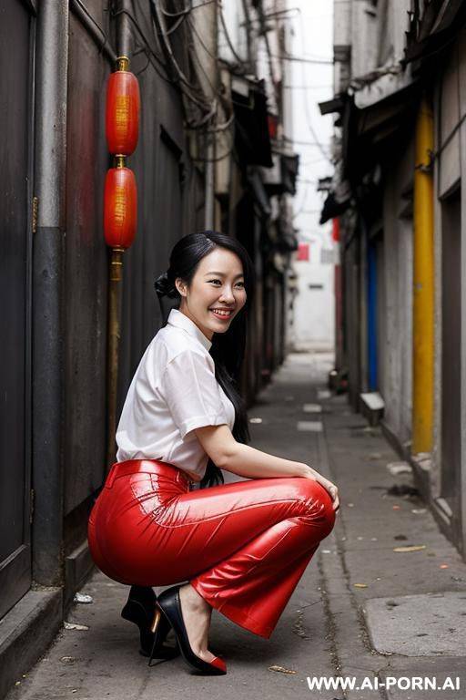 messy chinese woman squatting in tra alley corner, top, pants, side-view - #main