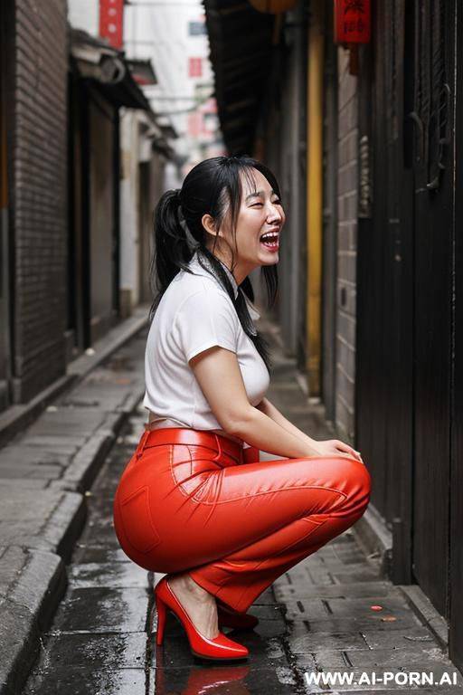messy chinese woman squatting in alley corner over wet spot, top, pants, side-view - #main
