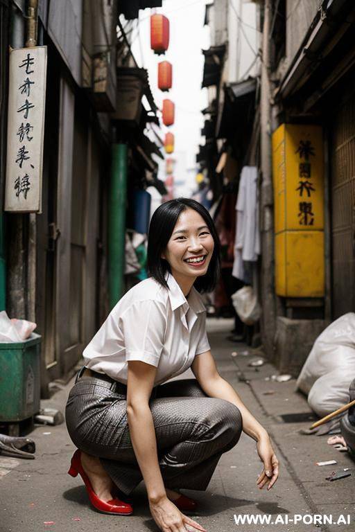 messy chinese market woman bending down to ground in dump alley corner, shirt, pants, side-view - #main