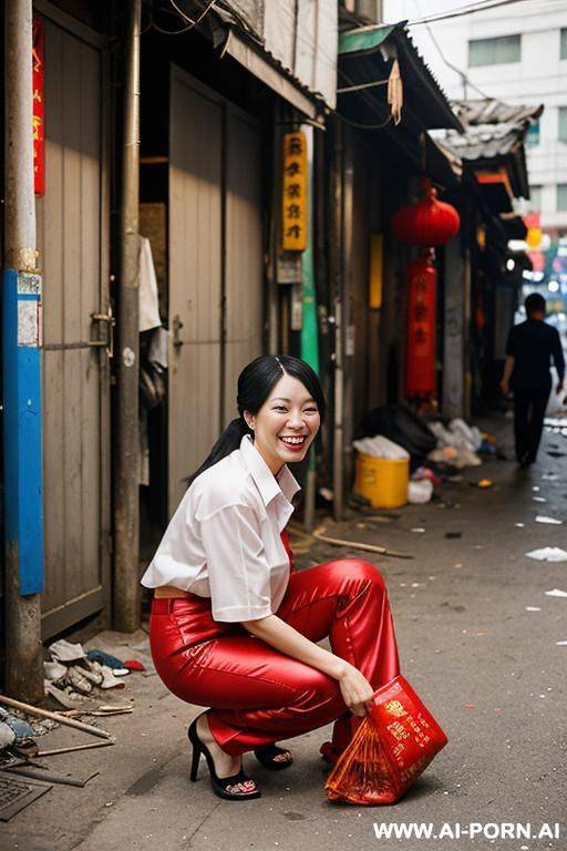 messy chinese market woman bending down to ground in dump alley corner, legs apart, shirt, pants, side-view - #main