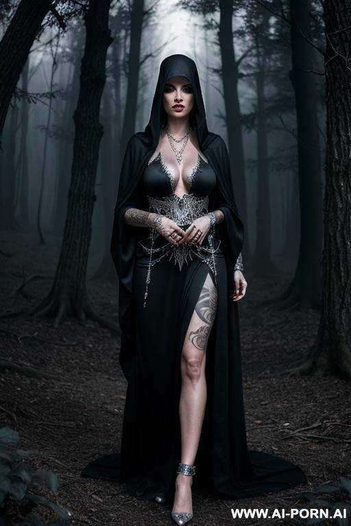 sorceress, skin, teardrop boobs, tattoos, silver rings, silver necklace, silver bracelets, dark robe, dark dress, black crown, magic power, witchcraft, dark forest background - #main