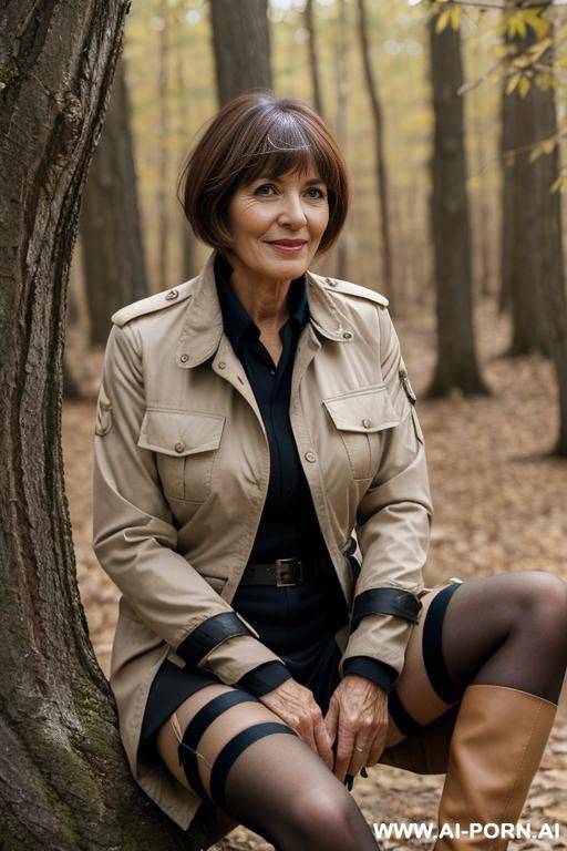 french female ranger in nature outdoorjacket, nude, stockings, hairy pussy, sitting on tree, spread legs - #main