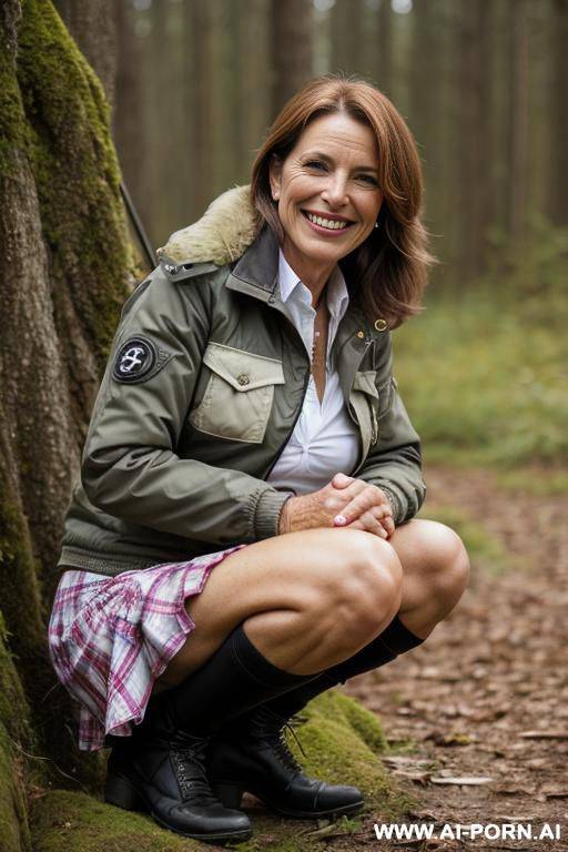 french female ranger squatting in nature outdoorjacket, skirt, hairy pussy - #main