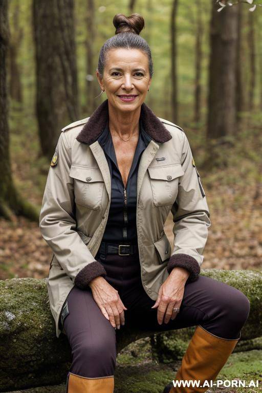 french female ranger in nature outdoorjacket, standing confident, hairy vagina, spread legs - #main