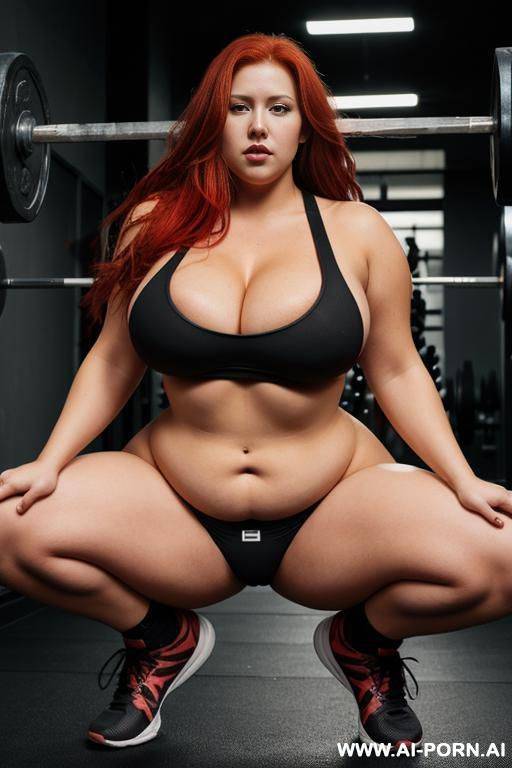 almost naked tits, long messy red hair, large fat chubby body, tight black sports underwear, large overflowing boobs, gym, squatting - #main