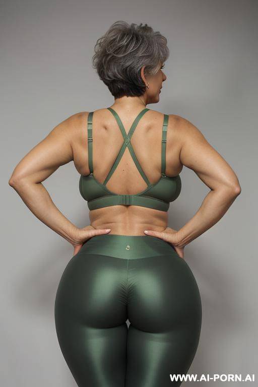 back view, big ass, 0-year-old grandmother, full body, standing, short hair, very visible age marks, triangular hips, thick thighs, wearing green leggings and bra - #main