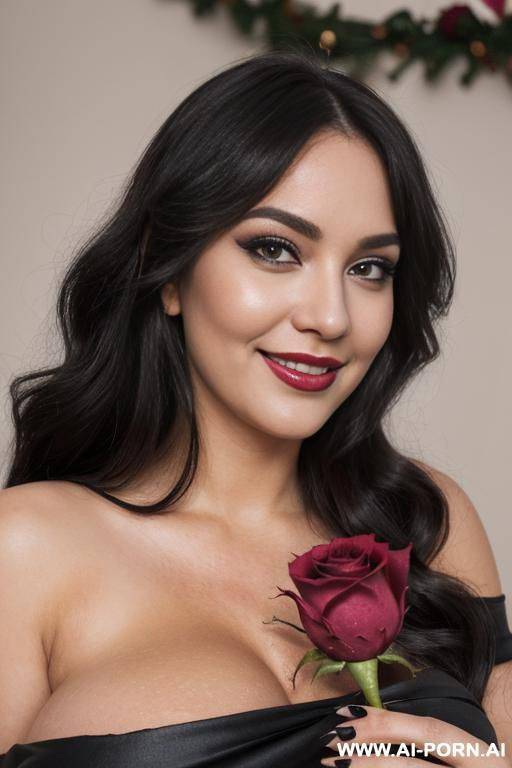 ((slutty woman ssbbw)), (((holding one rose in front self))), petals matte ends black, (glowing rose closeup), (black torn witch dress), ((one bare shoulder)), ((pulled down dress and shows her - #main
