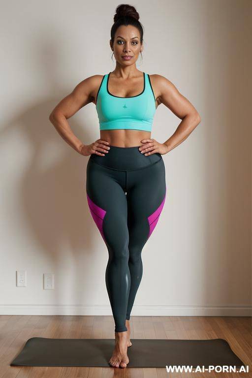 a standing athletic woman in tight see-through skin-color-underwear. arms relaxed down. - #main
