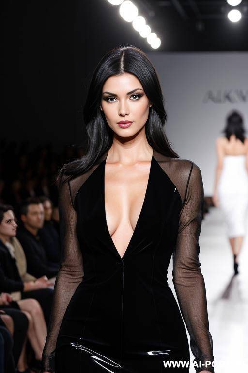 gorgeous dark haired woman in a runway show catwalking - #main