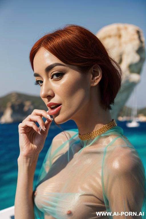 ((gorgeous woman)) on (sailing boat) on crystal clear turquoise mediterranean water , redhead hair, golden armband golden anklets golden high heels golden sexy lace panties, beautiful face ancient - #main