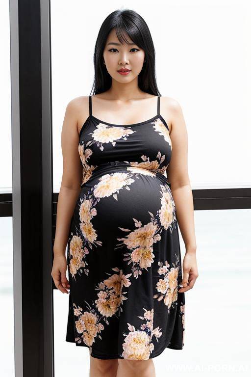 asian woman, ((detailed face)), black hair, wearing a floral sundress, pregnant. - #main