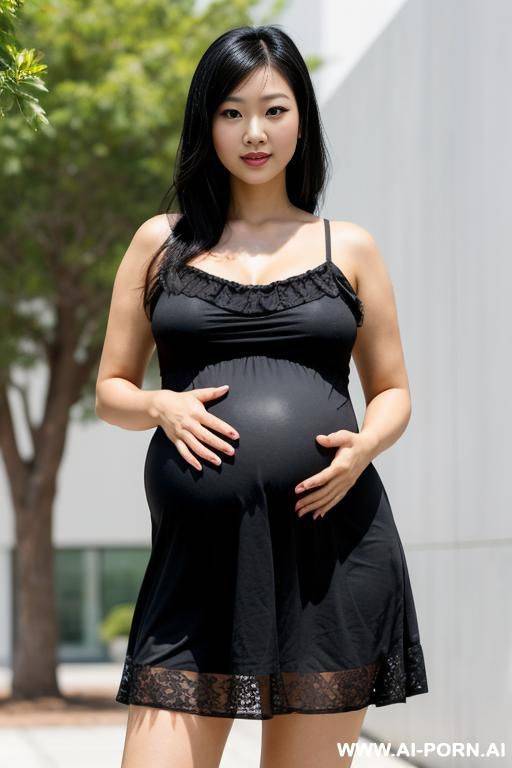 asian woman, ((detailed face)), black hair, wearing a sundress, pregnant. - #main