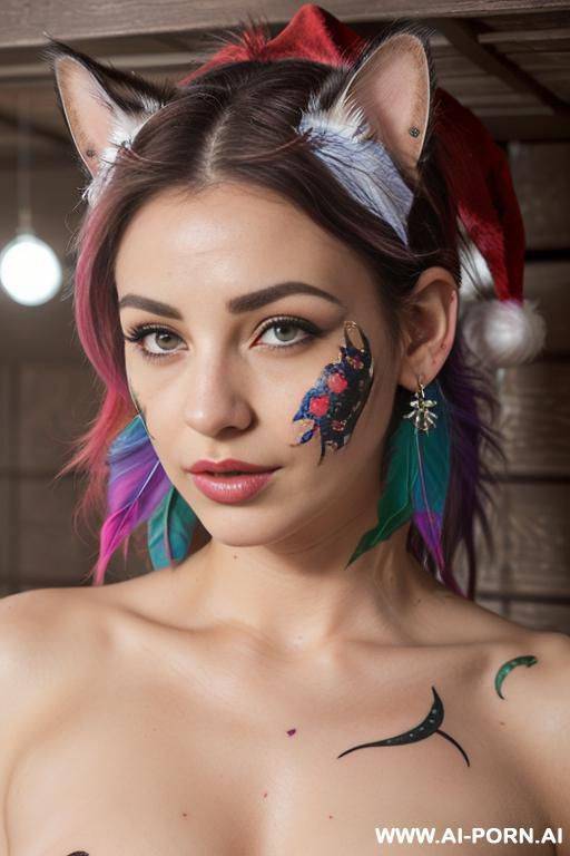 face, sexy, beautiful, ((face painting)), ((bikini as seashell)), ((tattoo roses)), ((eyes shw)), ((angel wings)), ((rainbow hair)), ((long bu hair)), ((wind)), (( cat face)), (( cat ears)), (((feather - #main