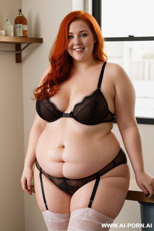 half-length photo, as a setting in the laundry area, a fat chubby obese fat thick and bbw redhead british, she is washing clothes and is soaked in foamy water. she has lovehandless and a - #main