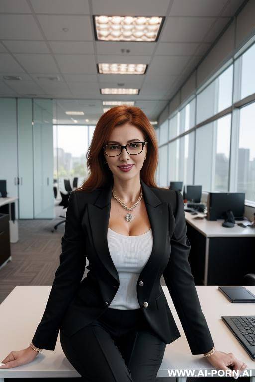 pregnant redhead woman, green eyes and glasses in office, standing near secretary desk, in white blouse, pencil skirt, high heels and black nylon stockings - #main