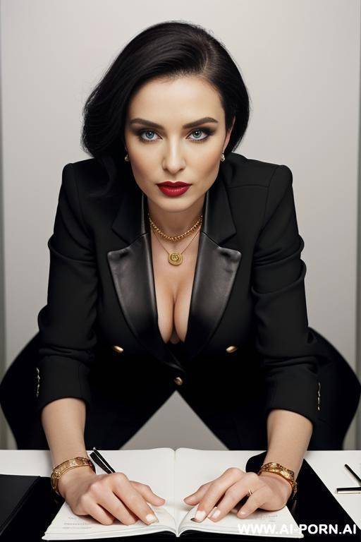 mature, voluptuous, buxom, short black hair, red lipstick, mouth open, blue eyes, large natural breasts, large perky nipples, leather collar, gold ellery, naked from the waist up, topless - #main