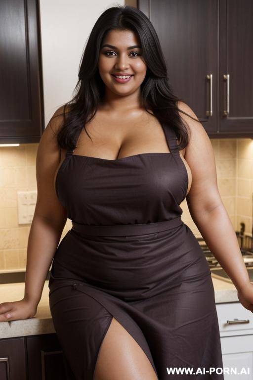(pear shaped) (smiling dark skin pakistani woman) (super plump) (300 pounds) (fat woman) (simple red apron dress) (accidental nip slip) (showing breasts) (exposed breasts)) (topless) (wearing apron) - #main