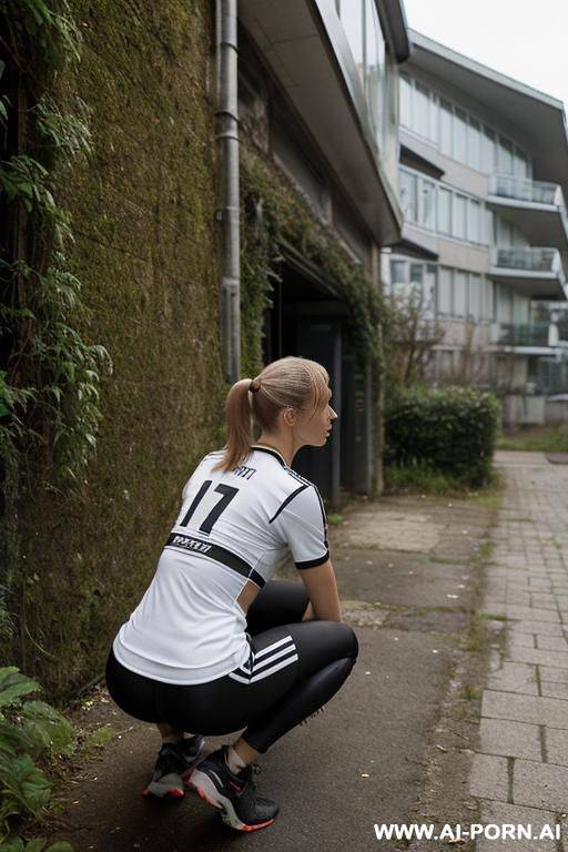 short, slender, soccershirt, leggings, ponytail, messy undergrowth near building, backview - #main