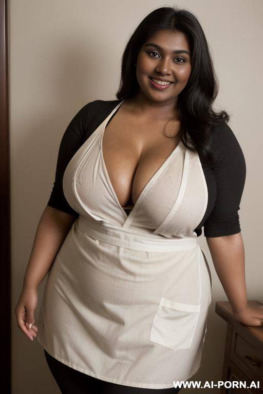 (pear shaped) (fat arms) (very chubby( (smiling dark skin pakistani woman) (super plump) (fat woman) (simple red apron) (accidental nip slip) (exposed breasts)) (big belly) - #main