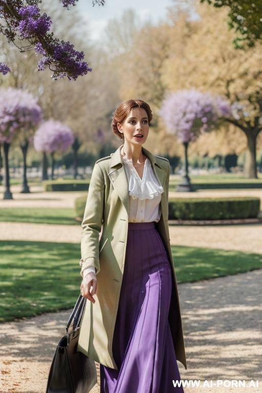 a french womanin a long violet skirt, a white blouse, a long khaki green open coat , in a park, (impressionist style) - #main