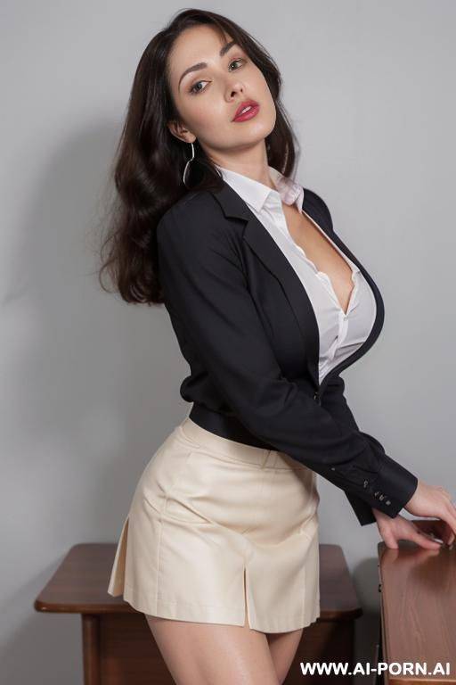 dark red lipstick, blue eyes, (((gigantic boobs))), sexy blazer, skirt, (((extreme long strong voluminous hair))), (((ultra realistic))). (hoop earrings) hooker, (((looking at viewer))). - #main