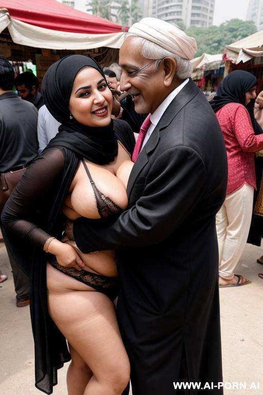 smiling curvy arabic thick wife wearing black hijab flashing boobs hugged from naked old indian man in shoes market - #main