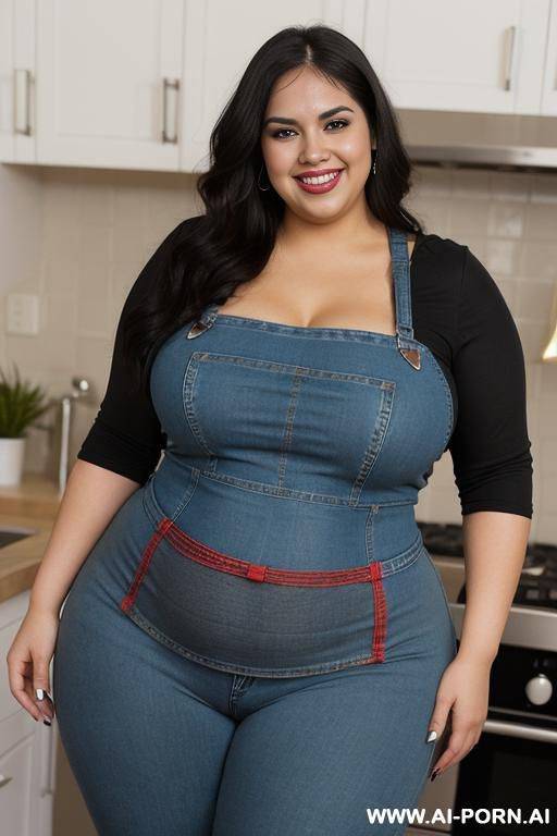 hot latina, chicana, tight jeans, very wide hips, smiling, super pretty, rotund, obese, ssbbw, wearing red apron - #main