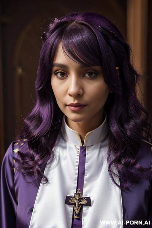 close!, immersive expression, lovingly craving russian, loose wavy purple hair, closeup in luxurious clothes, she is seductively tanned, pleasure, real-life sei-ra sodes-hiro! - #main