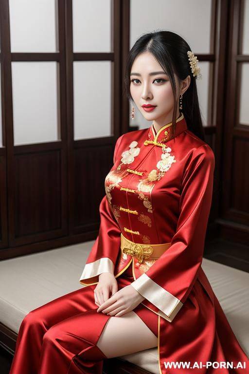 very white skin, 矮, 没有皱纹, 发簪, 中国传统服饰, 颧骨不突出, 红唇, 丰满, 圆脸, 端庄, 高鼻梁, very big eyes, 低颧骨, low eyes, chinese traditional red clothes, showing boobs - #main