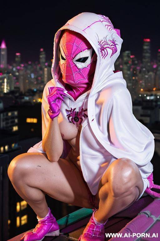 ((woman wearing (white and magenta ghost-spider hero outfit (hood up) (spider hero mask on)) (topless) (short blonde hair)) (crouching on city rooftop at night) - #main