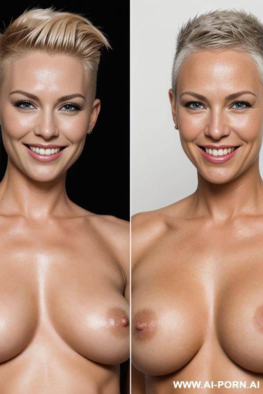 this image is a collage of two photos of lesbians scandinavian blond playmate smiling, full nude body, shaved sides hair - #main