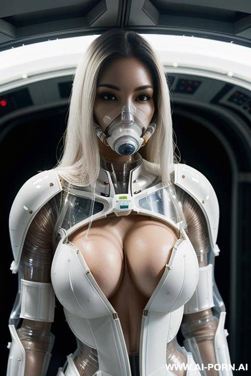 (close up) (gorgeous woman in (partially transparent armored environmental suit) (deep cleavage) (wearing oxygen mask) (very white skin)) (long straight hair) (spacecraft launch bay) - #main