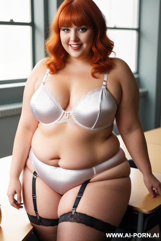 full body photo shot, about at classroom, so fat bbw curvy teacher, wearing a sexy and hot colorfull silk garter belt lingeries, she is on four points pose naked, she has a apple in her hand - #main