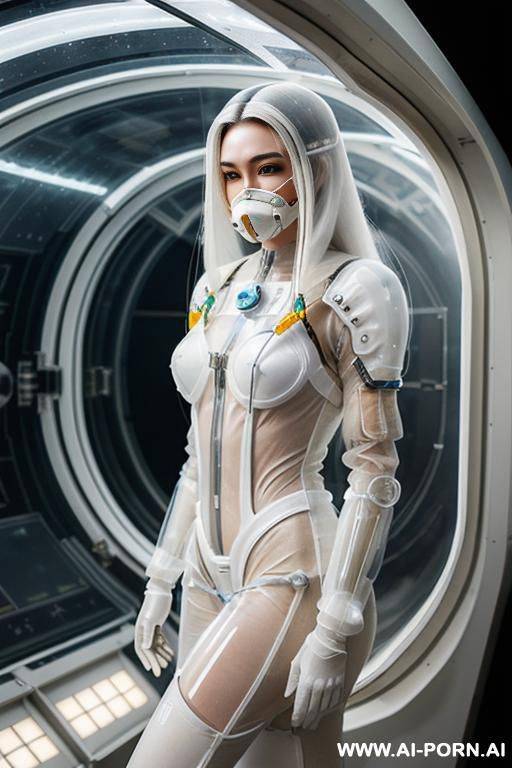 (gorgeous woman in (transparent armored environmental suit) (wearing oxygen mask) (very white skin)) (long straight hair) (spacecraft launch bay) - #main