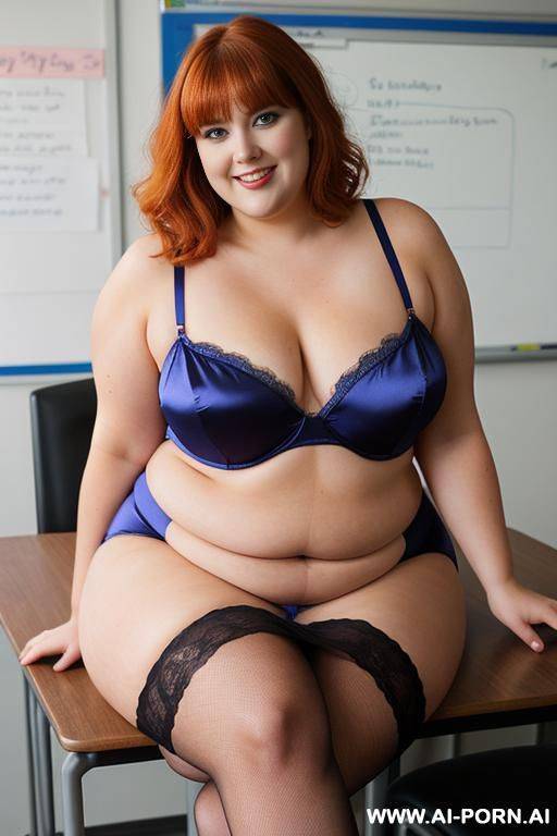 full body photo shot, about at classroom, so fat bbw curvy teacher, wearing a sexy and hot ligthblue silk lingerie, she is on four points pose naked, she is semi-naked and is wearing a silk ruffle microskirt - #main
