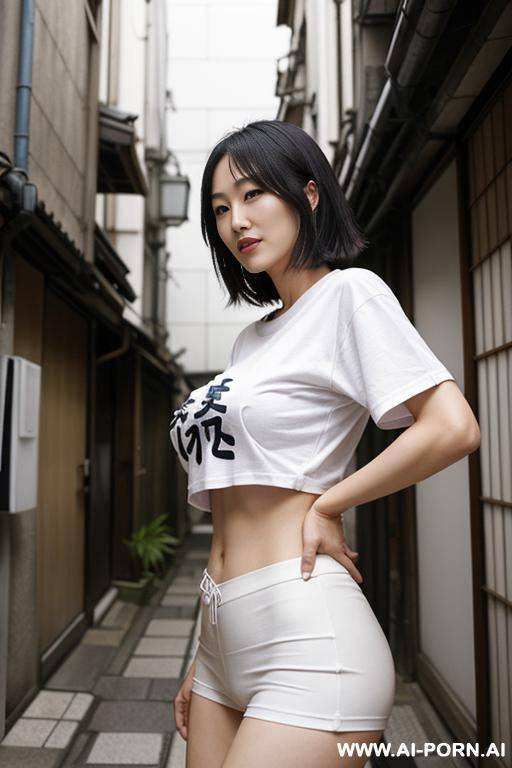 japanese woman in alleyway lifting up the t-shirt they are wearing to show nipples. trying to hide from people around them - #main