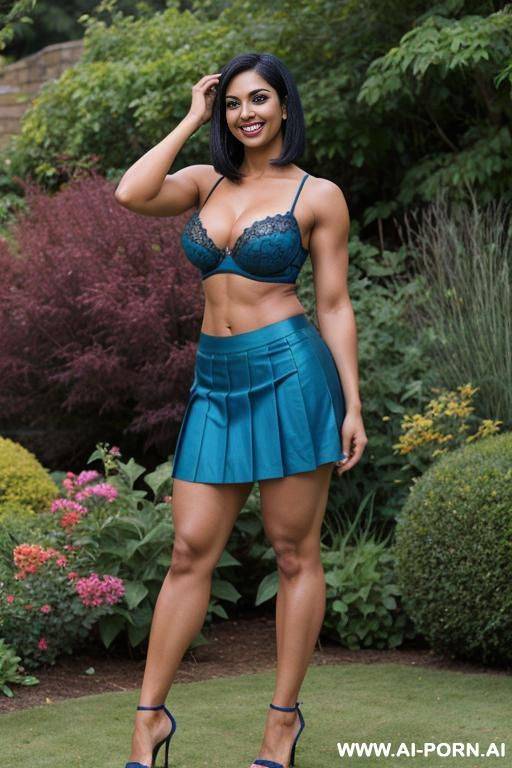 indian, short hair, fit, abs, curvy, muscular arms, big ass, tall, long legs, navel piercing, blue bra, blue pleat skirt, looking at camera, full body, stiletto, in garden - #main