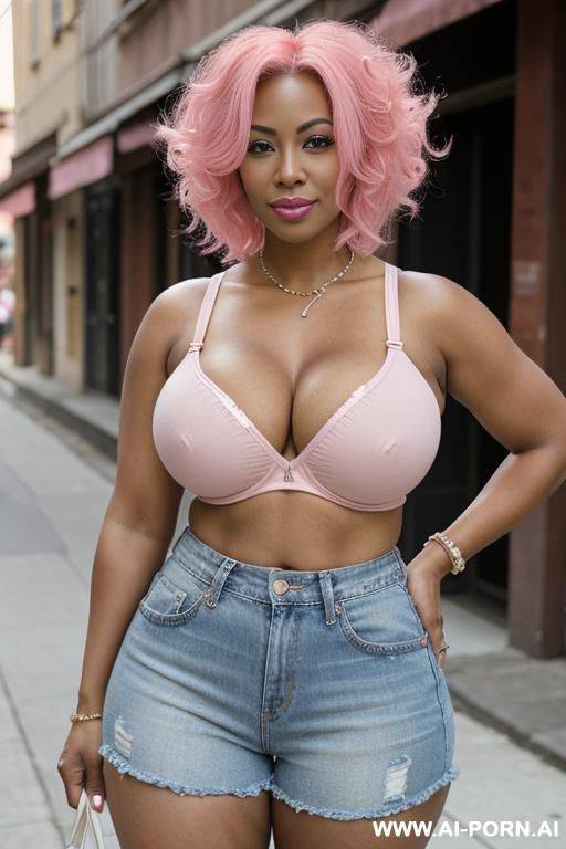 cowwoman, dark-brown skin, pink hair, micro jean shorts, white micro bra, public street - #main