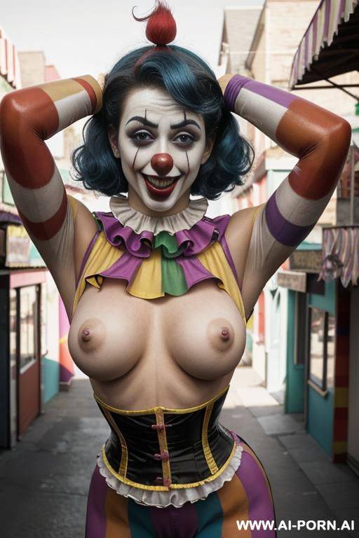 clown woman, laughing, hand on head, breasts exposed, - #main