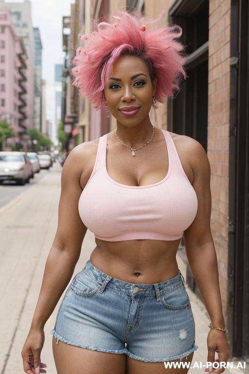 cowwoman, dark-brown skin, pink hair, micro jean shorts, white micro crop-top, public street - #main