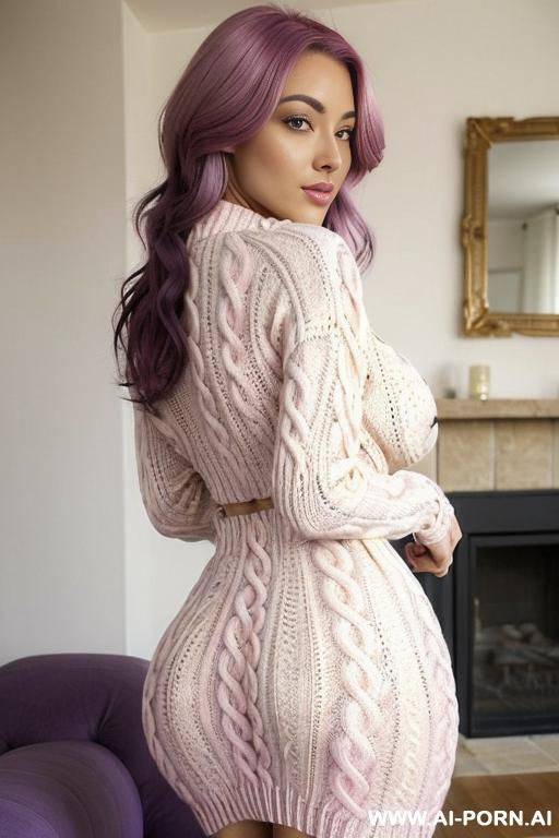 a half-french and (half-korean) 165cm tall supermodel, wearing a ((((cream-colored cable-knit sweater dress made from organic cotton)))). she has ((((massive, perfect, firm, round, natural tits)))), a - #main